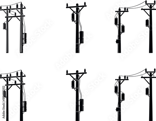 Utility pole silhouettes, transformers, crossarms, insulators, power lines, electric grid, infrastructure diversity, energy system - flavector
