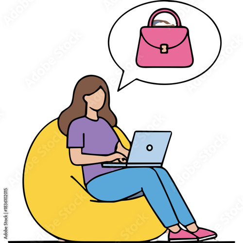 Woman sitting on a yellow beanbag chair typing on a laptop with a thought bubble showing a pink purse overhead in a flat design illustration style.