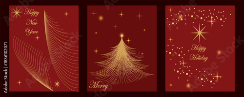 Luxury gold Christmas holiday invitation card vector design. Christmas tree, snowflakes, holly, fireworks with dotted texture on red background. Vector illustration.