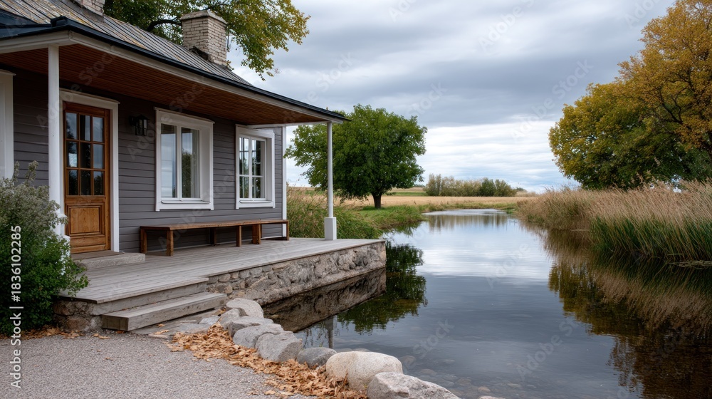 Obraz premium Rustic house by a calm river