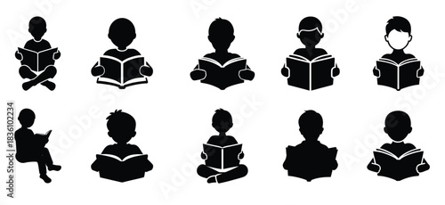 Boy reading a book vector silhouette illustration
