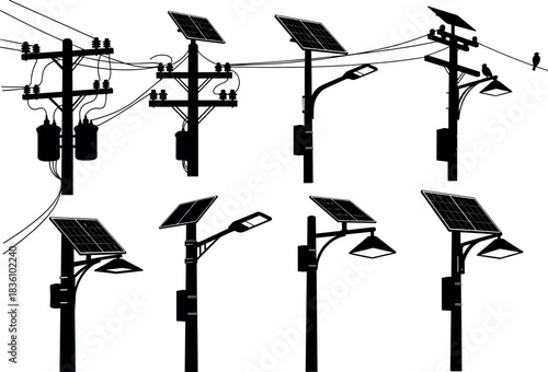 Utility poles and solar streetlight silhouettes, transformers, power lines, renewable energy infrastructure diversity - flavector