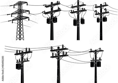Utility poles and transmission tower silhouettes, transformers, insulators, power lines, electric grid infrastructure diversity - flavector