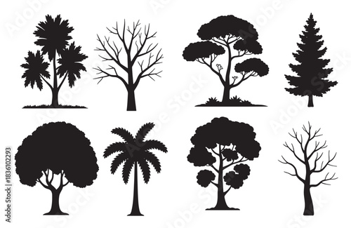 collection of diverse black tree silhouettes 