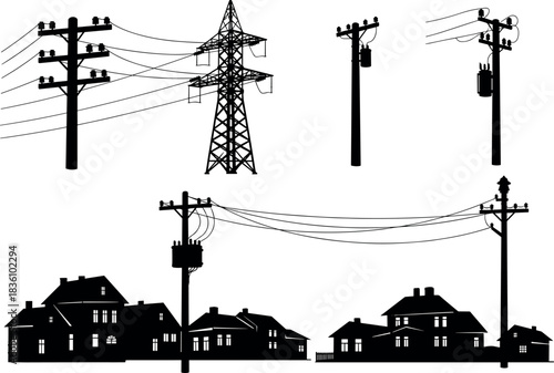 WebUtility poles and transmission towers with houses – flavector residential electrical infrastructure silhouette vector illustration
