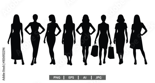 Elegant women silhouettes in stylish dresses, fashion forward choices