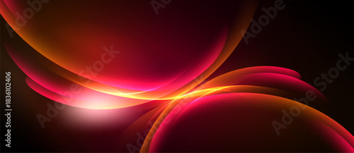 Abstract design features flowing curves, vibrant reds, oranges, pinks. Light emanates from central point, creating dynamic visual effect.