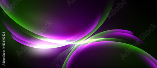 Abstract shapes blend purple, green hues. Bright light radiates center, creating dynamic visual effect. Smooth curves dominate composition.