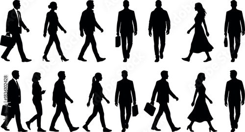Walking silhouette, business casual, posture diversity, black vector, human gait, motion study, lifestyle stride - flavector