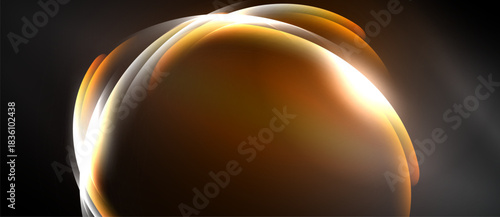 Abstract golden swirls form rounded shape against dark background. Light radiates, creating soft glow, dynamic composition.