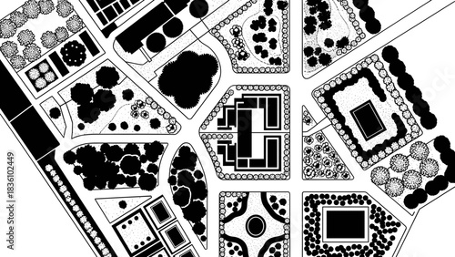 Detailed architectural plan showing buildings, trees, and landscaping elements in a complex urban design.