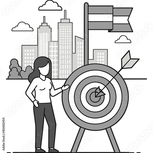 Woman Stands Next To A Dartboard With An Arrow In The Bullseye In Front Of A Cityscape And A Flag On A Pole Under A Cloudy Sky Representing Success And Achievement In Business
