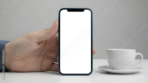 Wallpaper Mural Hand holding phone with blank screen next to cup on white surface Torontodigital.ca