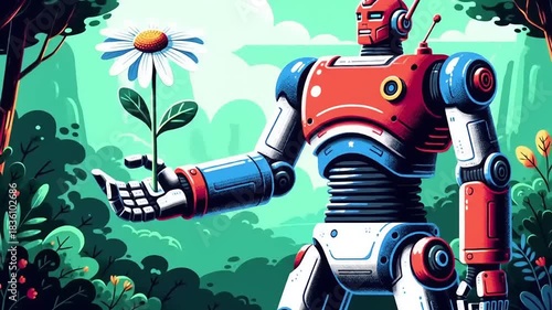 Robotic future harmony, a robot tending to a flower in a digitally generated garden