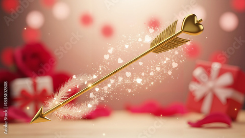 Cupid's golden arrow surrounded by hearts and gifts for Valentine's Day celebration