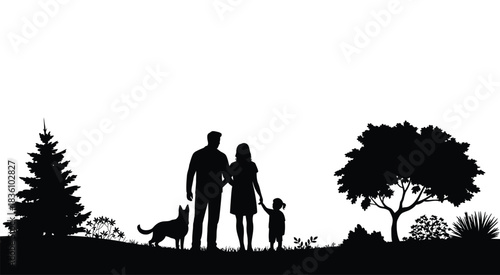 Family silhouette walking with child and dog in nature scene at dusk