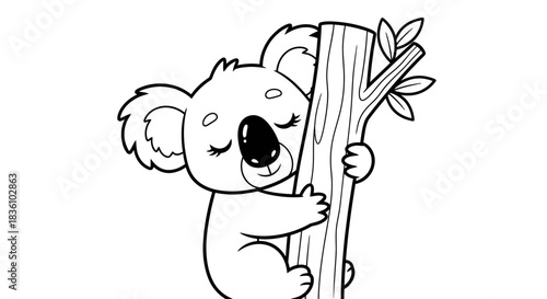 Koala Hugging Tree Trunk Cartoon Illustration