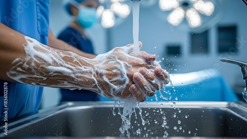 A medical professional washes their hands with soap and water in a hospital setting, with another person in the background.