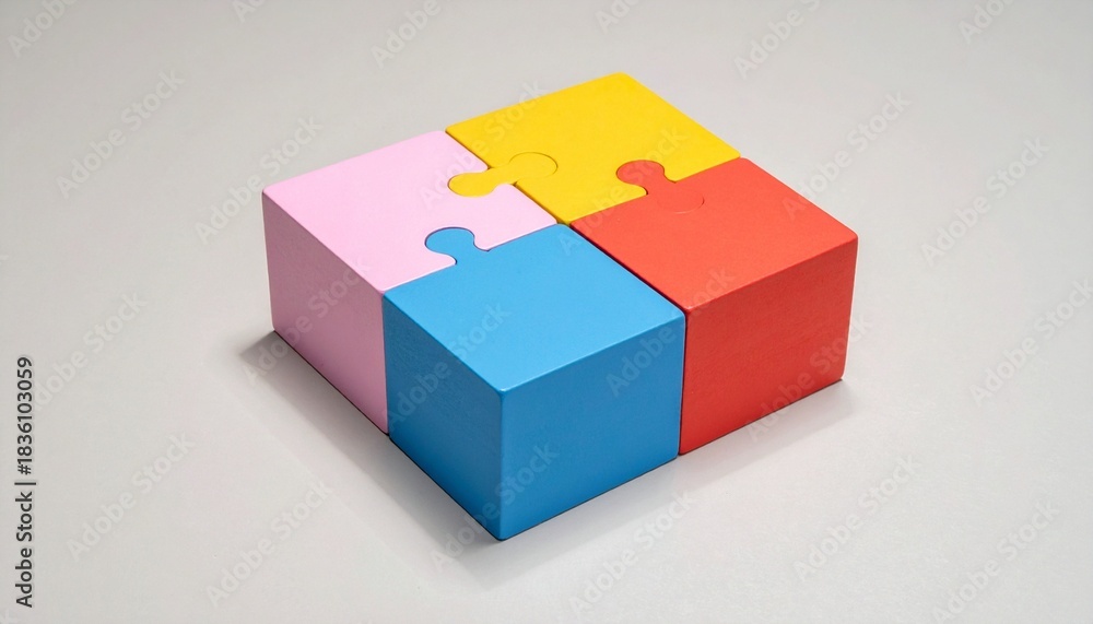 Fototapeta premium Colorful 3D puzzle cubes interlocked in square formation.