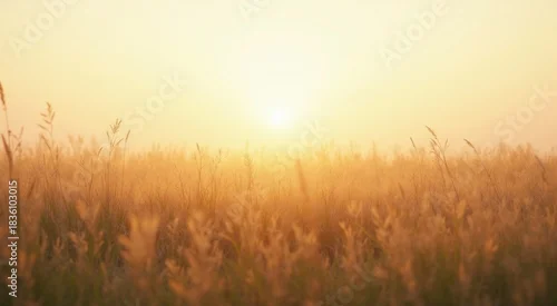 Fototapeta samoprzylepna Field of tall grass with the sun setting