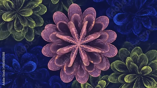 Seamless Floral Animation Featuring Colorful Flowers on a Dark Background creates a calm effect