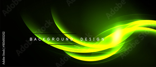 Abstract green wave design over black background. Smooth curves create dynamic visual effect. Text reads background design.