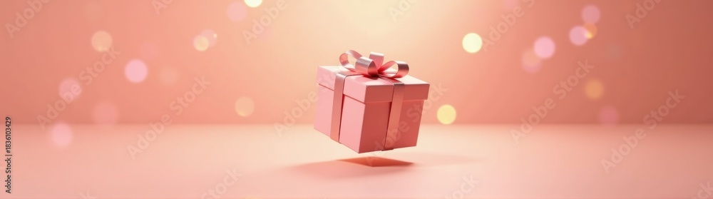 Fototapeta premium Pink gift box with a red bow on it congratulation background