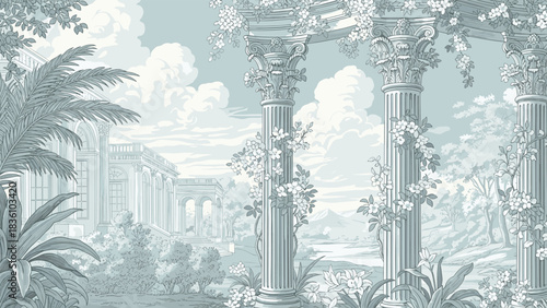 Classical Architectural Landscape Mural, Romantic Greek Ruins, Toile de Jouy Style Wallpaper, Flowering Columns, Serene Garden Scene, Blue Monochrome Vector Illustration, Vintage.