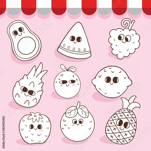 Collection fruit cartoon hand drawn character coloring book for kid illustration