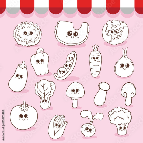 Collection vegetables cartoon hand drawn character coloring book for kid illustration