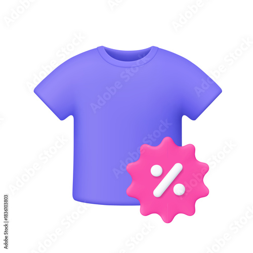 Purple T-shirt and pink discount badge with black percent sign. Online shopping, marketing, clothing sale, discount and promotion concept. 3d vector icon. Cartoon minimal style.