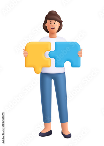 Young smiling woman Jane holding two big puzzle pieces. Teamwork, collaboration, problem solving and business strategy concept. 3d vector people character. Cartoon minimal style.