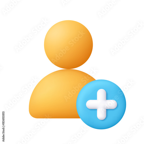 Yellow user profile icon with white add plus symbol on blue circle badge. Add user, create account, new profile and social network concept. 3d vector icon. Cartoon minimal style.