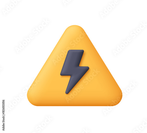 Yellow warning triangle with black lightning bolt symbol. Caution, electricity hazard, danger, high voltage and safety alert concept. 3d vector icon. Cartoon minimal style.