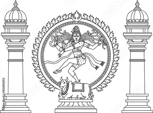Lord Shiva Nataraja Dance Line Art, Dancing God Standing on Nandi Bull, Hindu Mythology, Ancient Indian Culture, Chakra Symbolism, Detailed Traditional Vector Illustration, Spiritual.