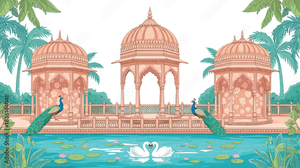 Naklejka premium Mughal Architecture Gazebo Garden, Indian Palace Pavilion, Romantic Swans on Water, Peacocks, Palm Trees, Traditional Rajasthani Style, Detailed Vector Illustration, Wedding.