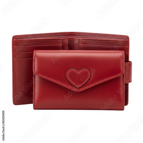 Two red leather wallets with heart detail isolated on transparent background