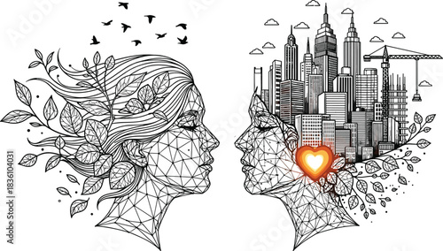 Nature and City Contrast Face Profile, Urban Development versus Environment Concept, Line Art Wireframe Style, Geometric Connection, Love, Eco-Friendly, Modern Vector Illustration.