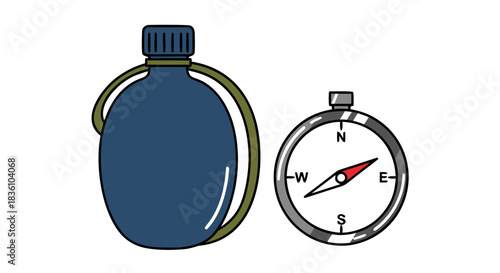 A blue canteen with a green strap and a silver compass, representing essential gear for outdoor adventures.