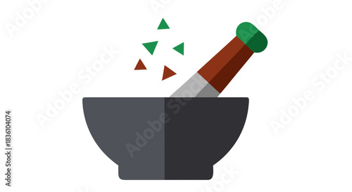 A flat design illustration of a dark grey mortar and a brown and green pestle with small green and brown particles being crushed.
