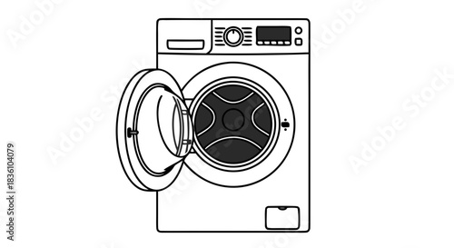 A black and white line art illustration of a front-loading washing machine with its door open.