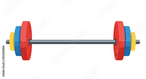 Illustration of a long barbell type weight lifting tool with several colorful weight plates (red, blue, and yellow) at both ends.