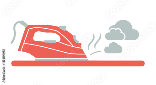 An icon or illustration of a modern red iron emitting hot steam on a flat surface. It symbolizes housework, neatness, and cleanliness.