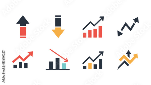 Diverse Financial Trends - Upward and Downward Arrows with Graph Illustrations.