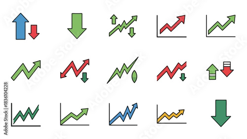 Collection of colorful stock market trend icons and graph variations.