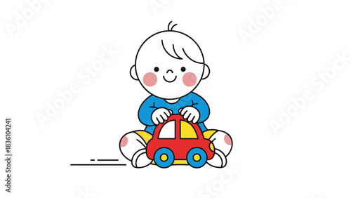 Cute baby playing with a red toy car illustration.