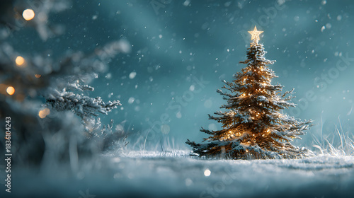 Enchanting winter wonderland with illuminated christmas tree for festive holiday decor