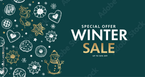 Winter sale, Christmas Cookie and ball set, Hand drawn illustration.	
