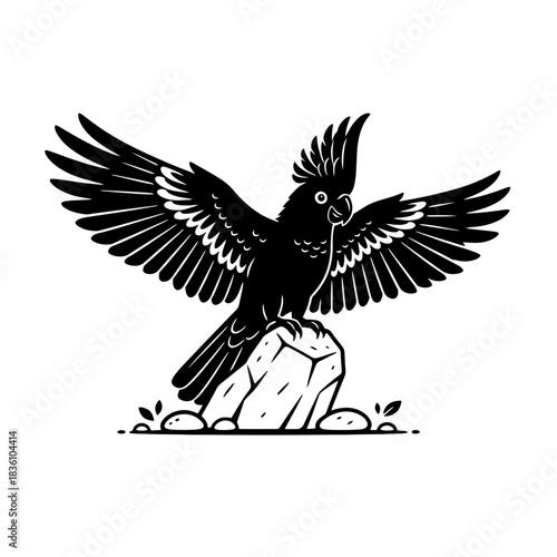 Two white cockatoos perched on black branch vector