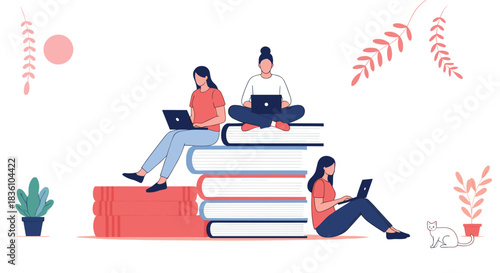 Study and learning illustration, people with laptops on books, cozy workspace with plants and cat, vector design, education concept